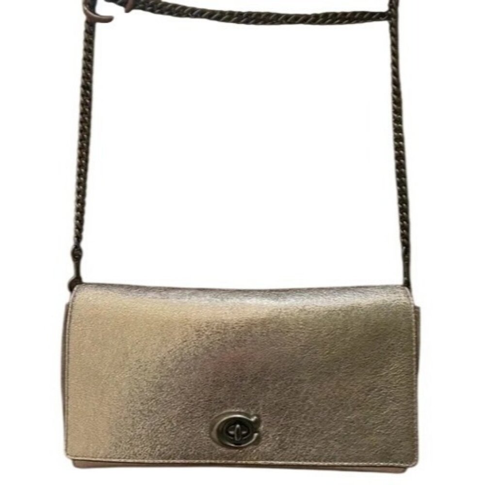 Coach 2018 Alexa Turnlock  Platinum Silver Crinkle Metallic Leather Crossbody